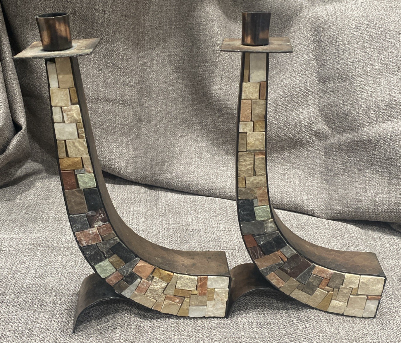 2 Eilon Mosaics Mid-Century Candlesticks/ Hammered Copper Israel/Brutalist/Art