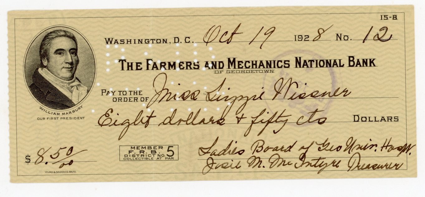 1928 Washington DC Check Farmers & Mechanics Bank Lizzie Wissner Georgetown DC