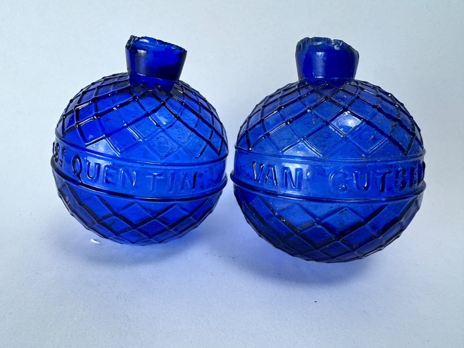 (2) 1880s Van Cutsem St. Quentin COBALT BLUE QUILTED ROUND GLASS Target Balls