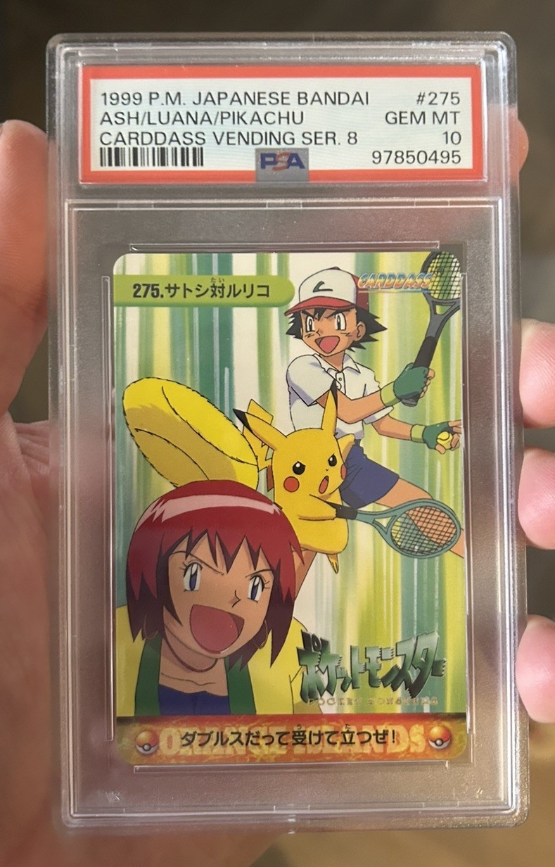 1999 POKEMON JPN BANDAI CARDDASS VENDING SER 8 #275 ASH/LUANA/PIKACHU PSA 10