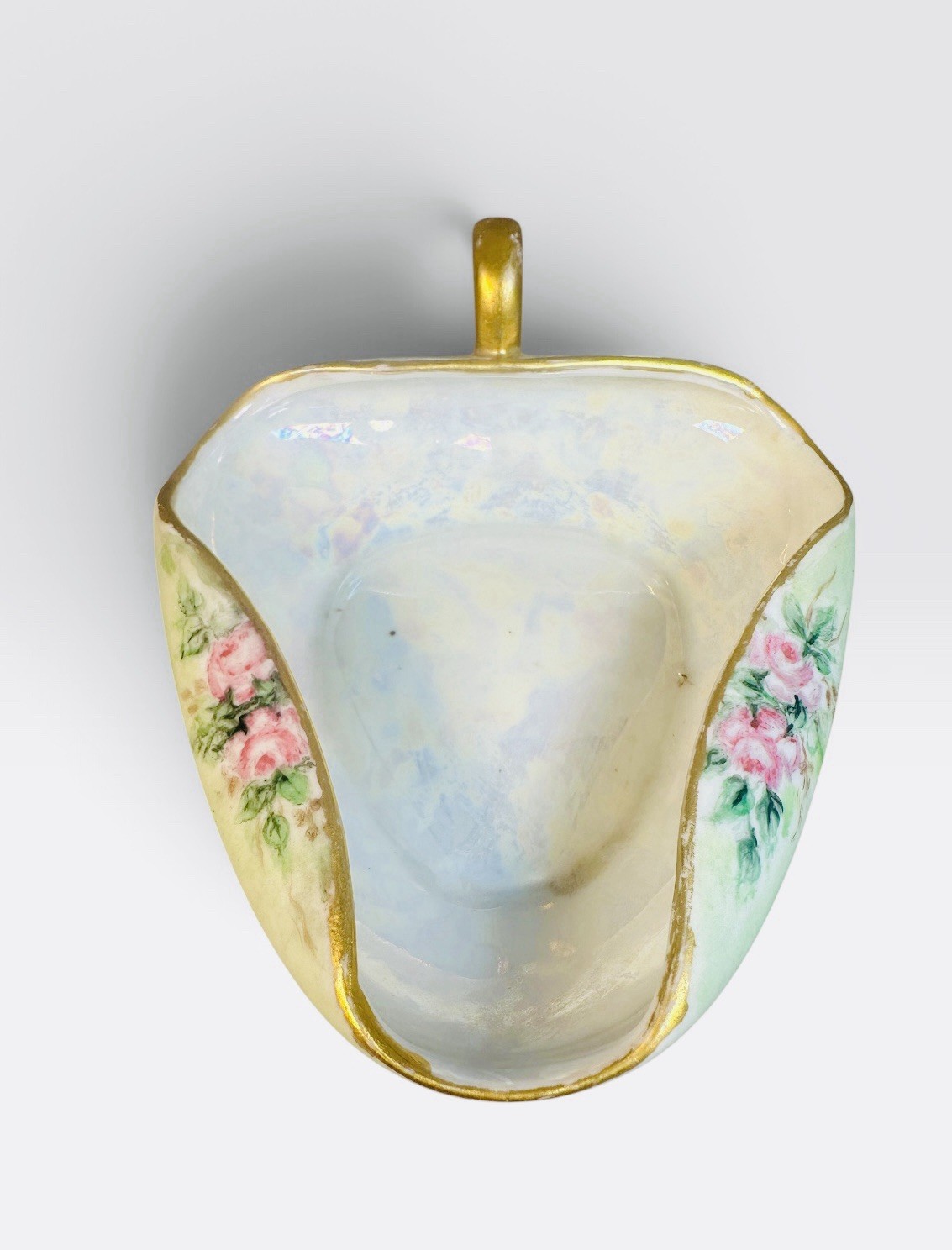 Antique PM Bavaria Hand Painted Rose Porcelain Nappy Dish Gold Luster Handle
