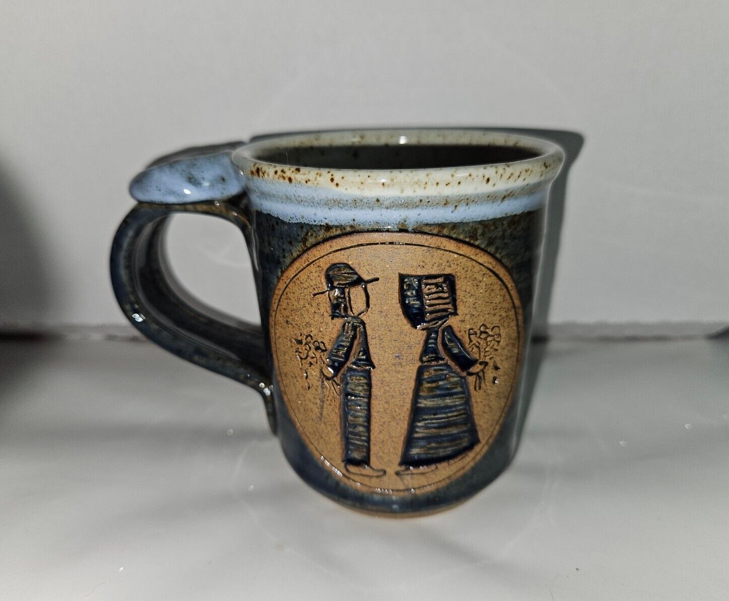Blue Tan Speckled Stoneware Mug Courting Couple Amish Colonial Pottery