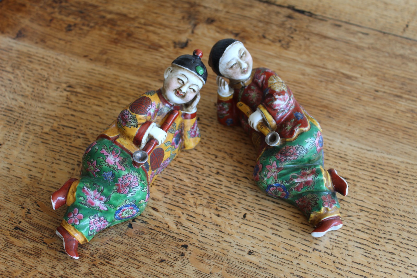 Vintage Chinese porcelain opium smoker figures 2 reclining