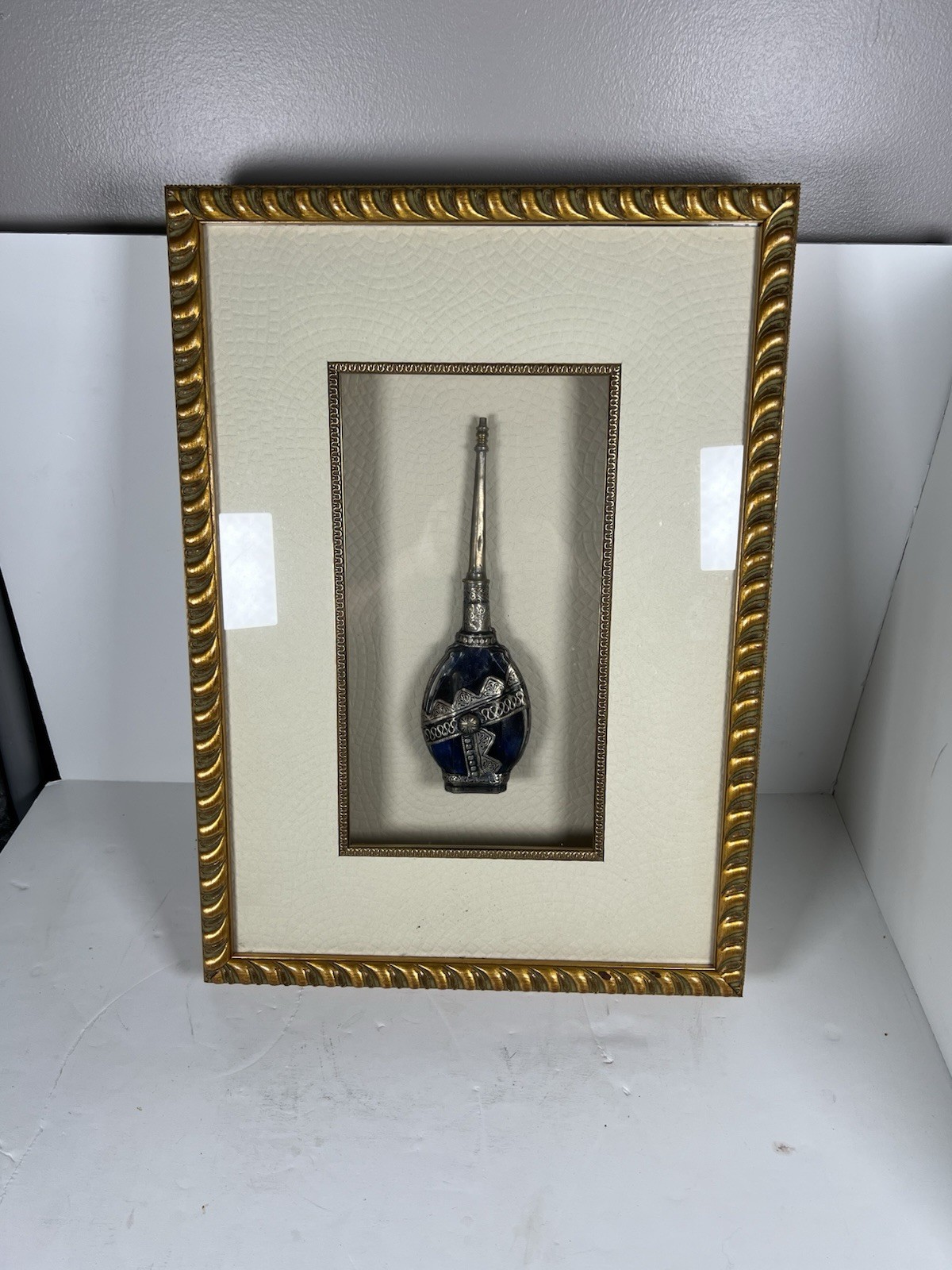 Vintage Deep Blue Moraccan Perfume Sprinkler With Silver Overlay In 3D Frame Vintage Deep Blue Moraccan Perfume Sprinkler With Silver Overlay In 3D Frame