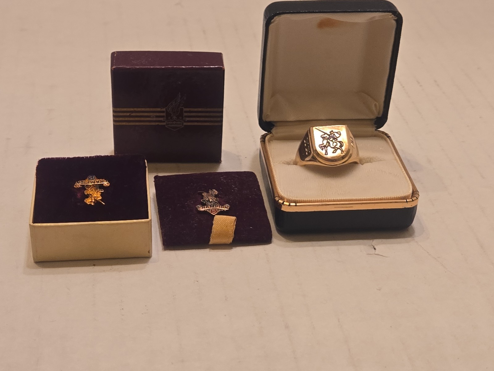 Vintage 66 Jostens 10K Gold 20Year Ring & Pins Lot Champion Paper TX 15g W/Boxes