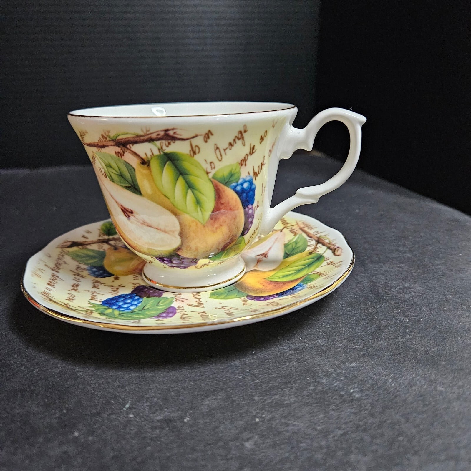 Duchess Fine Bone China Tea Cup Saucer Parchment Fruit England Writing Fruit