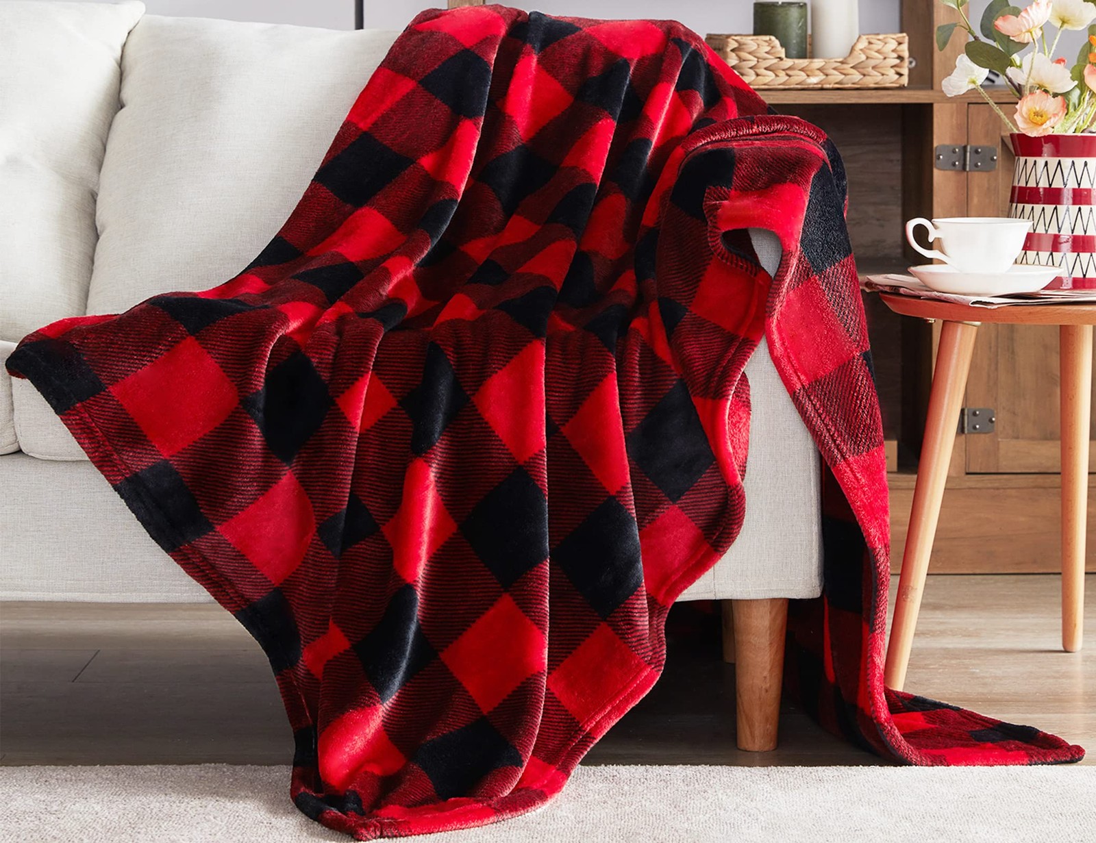 Touchat Fleece Checkered Throw Blankets(Red and Black Plaid, 50 in x60 in )