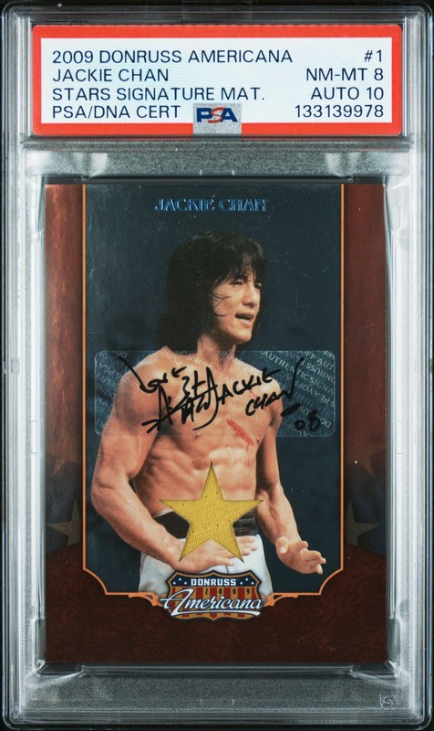 JACKIE CHAN 2009 DONRUSS AMERICANA AUTO RELIC INSCRIPTION /100 PSA 8/10 POP 2 JG