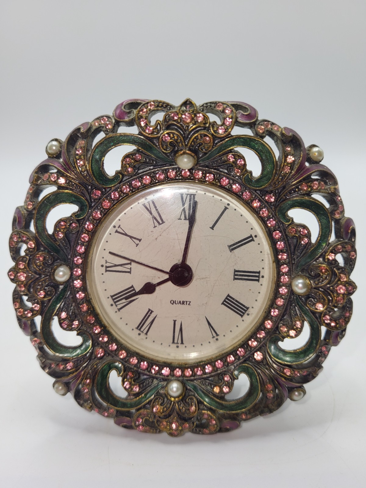Vintage Shontek Quartz Faux Pink Green Stones and Pearl Jeweled Table Clock RUNS
