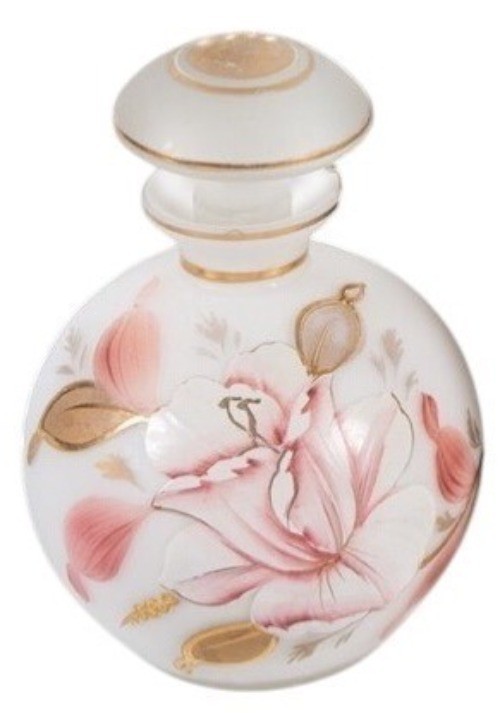 VTG Irving W. Irice Opaline Milk Glass Bottle Pink Floral Gold Gilt Vanity Decor