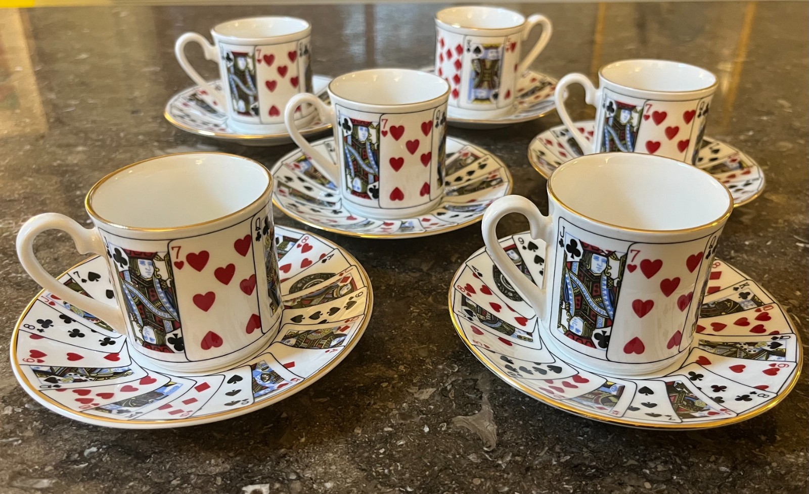 Tiffany Espresso Cup & Saucer Set Playing Cards Motif Great for Canasta, Bridge