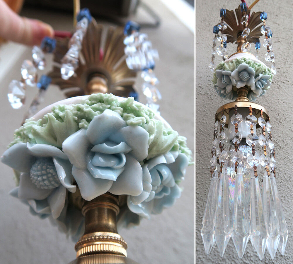 mini baby chandelier lamp Brass Swag crystal vintage Porcelain Blue Rose flowers