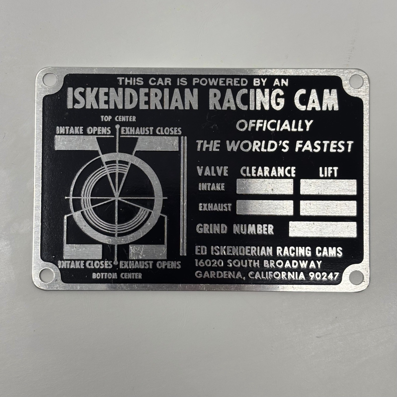 Vintage Iskenderian Racing Cams Dash  Plaque Timing Tag Hot Rod Gardena CA