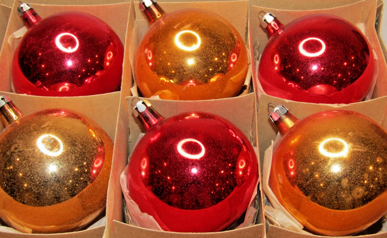 Lot VTG Blown Glass Large Orange RED BALL Christmas Ornaments Fantasia Poland