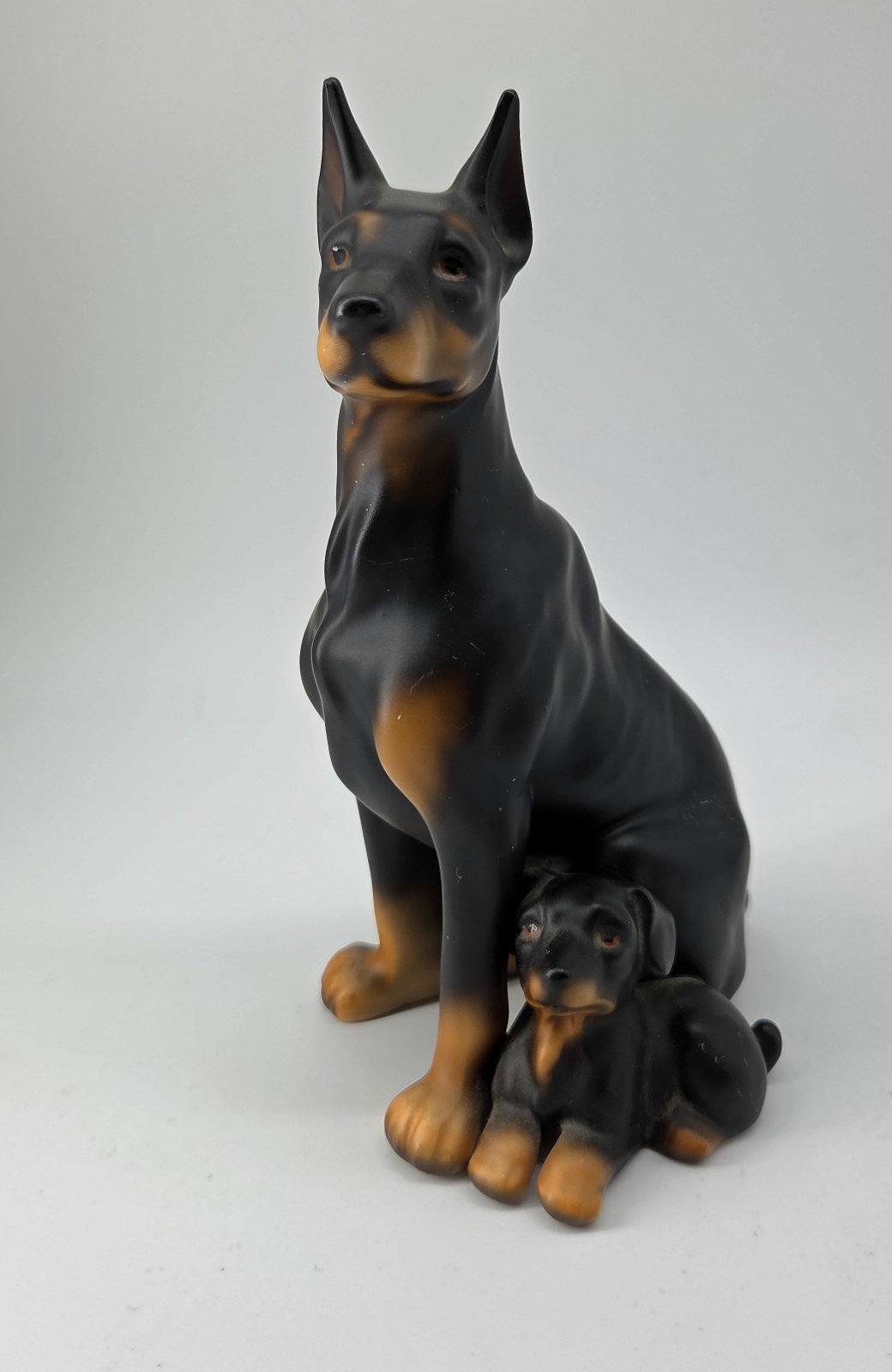 ​Vintage Doberman Pinscher & Puppy Ceramic Figurine Japan Dog Statue Black