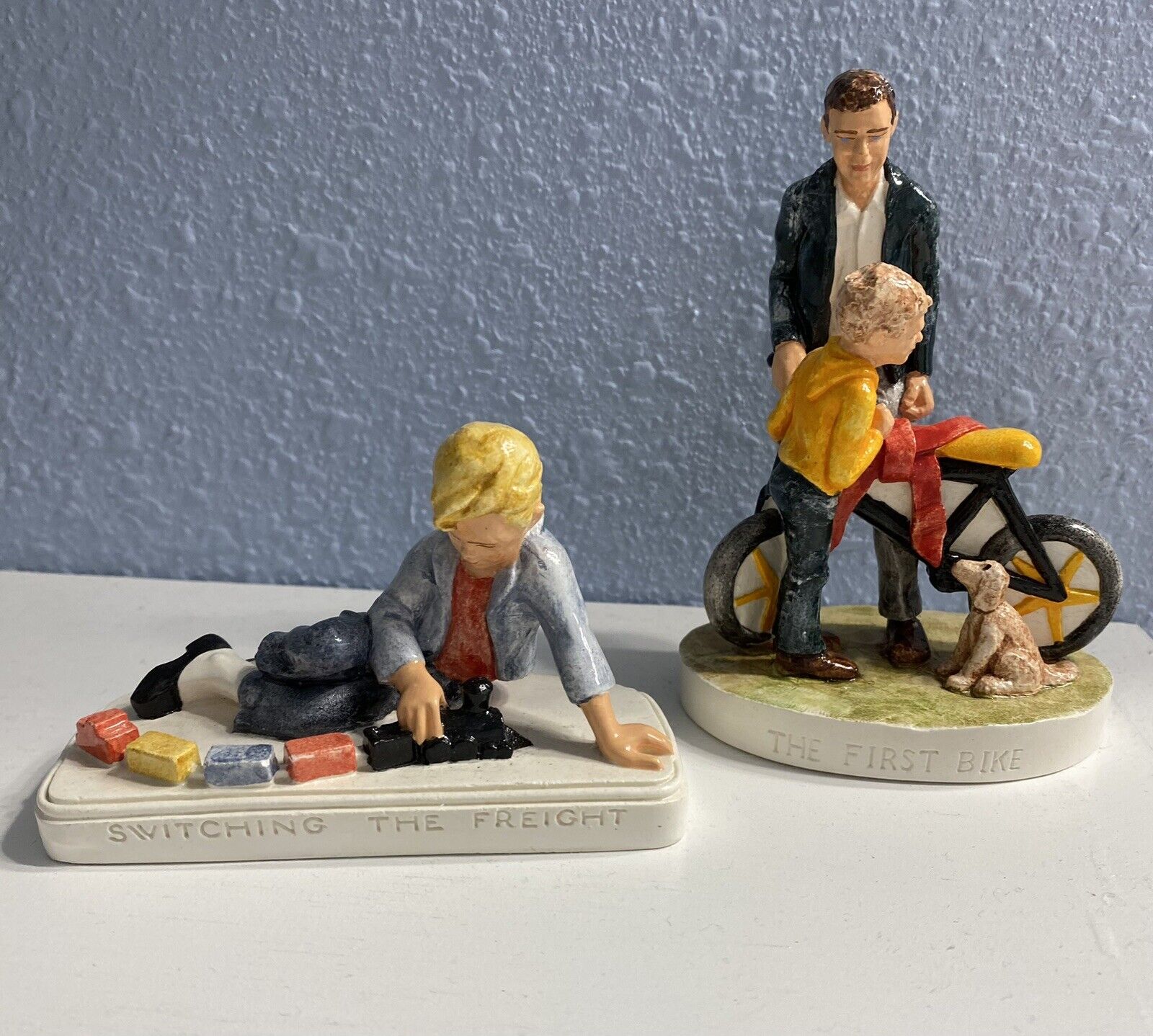Sebastian Miniatures ~ Lot Of 2~ Boy With Toy Train And Father And Son With Bike