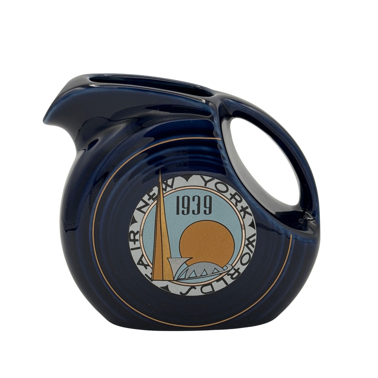 Fiesta Cobalt Blue 1939 Worlds Fair Juice Pitcher NY SF Commemorative
