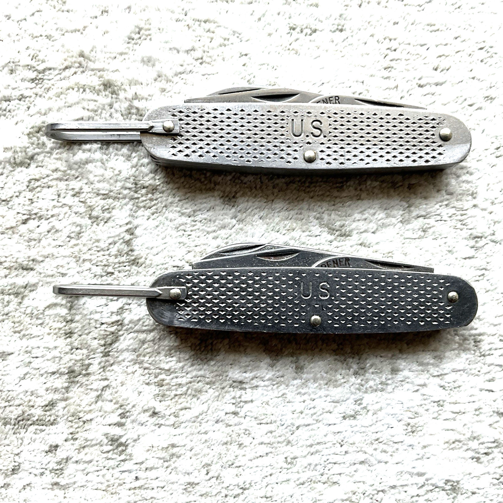 Vtg 1984 & 1977 Camillus U.S. Military Pocket Survival Camp Knife USA 4 Function