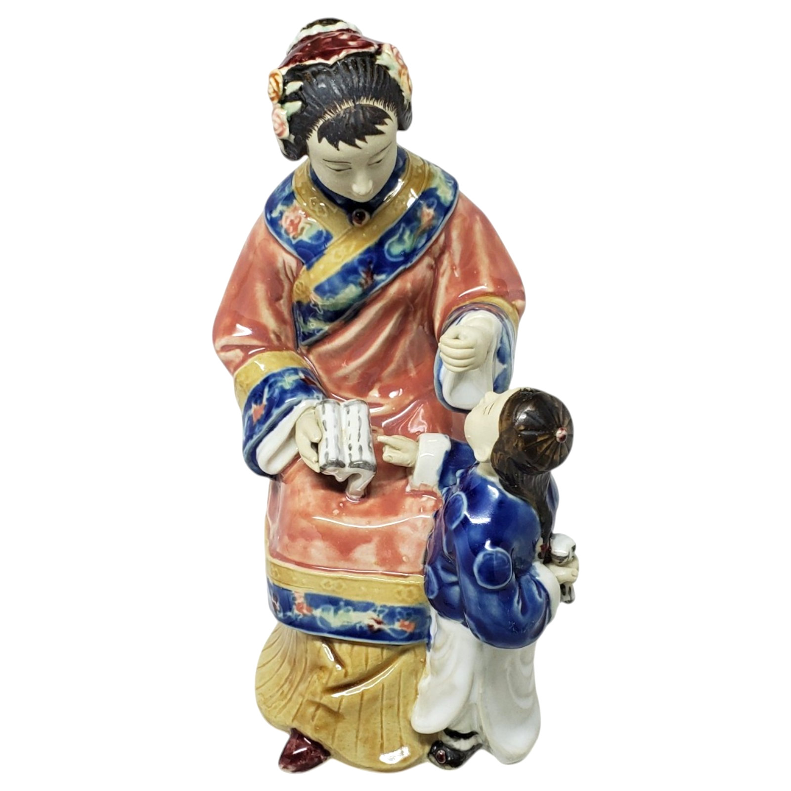 Chinese Mud Figure Porcelain Shiwan Woman Teaching Reading to Child Figurine