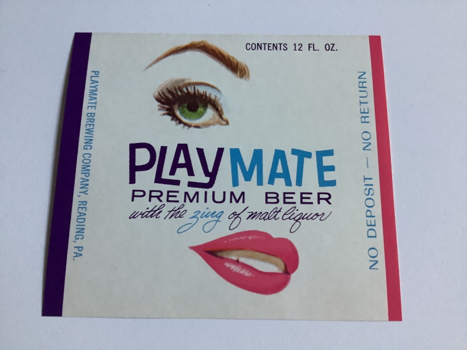 1967 VINTAGE PLAYMATE PREMIUM BEER READING PA, PLAYMATE BREWING CO 