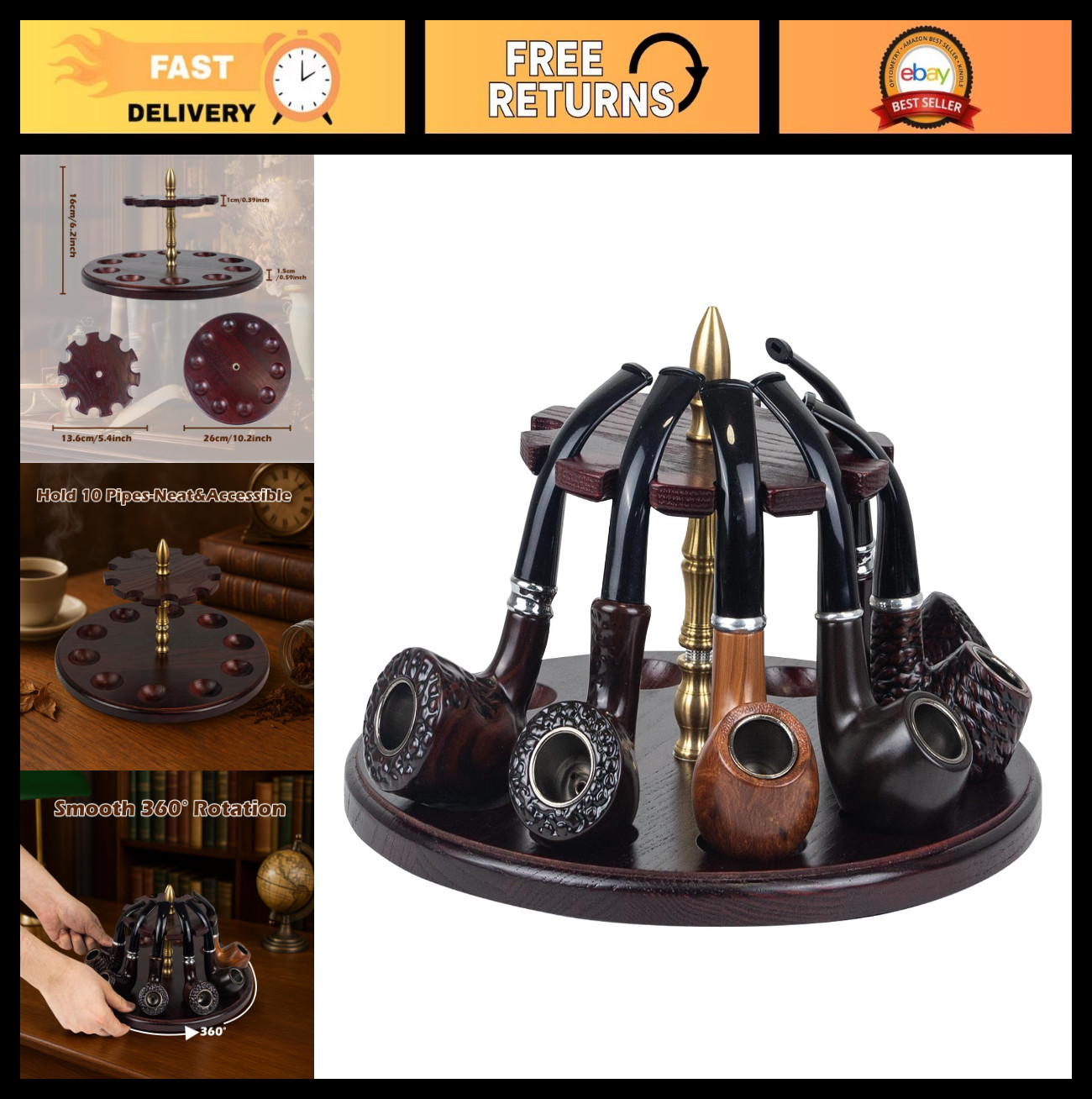 Wooden Tobacco Pipe Stand Holder Rack for 10 Pipes, Durable & Stylish Display