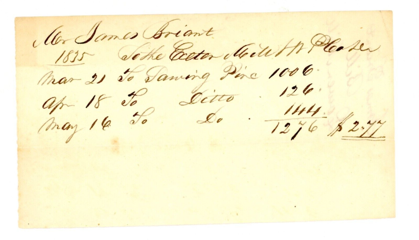 1835 Handwritten receipt James Briant Bill Lower Mill Exeter NH New Hampshire
