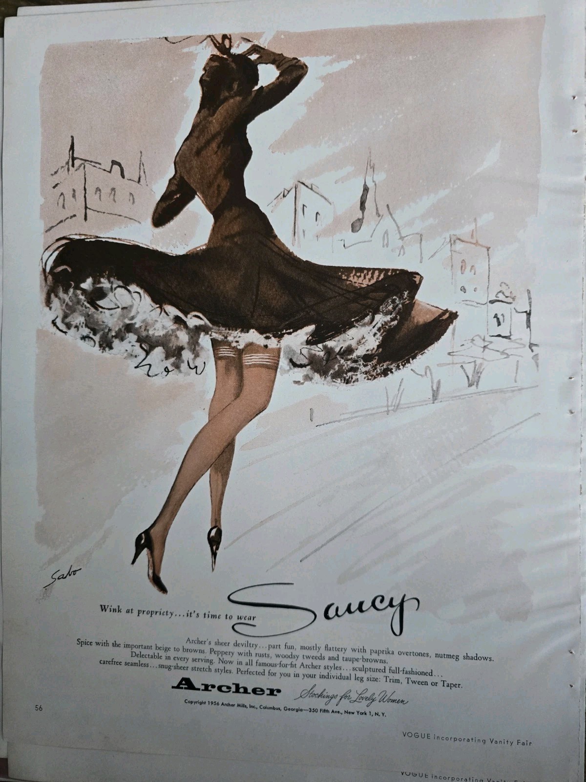 1956 Women\'s Archer Saucy Stockings Hosiery vintage Sabo Art Legs Ad 