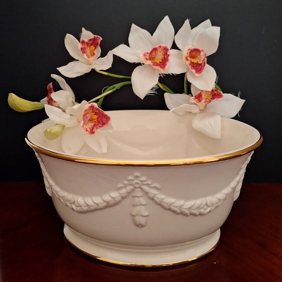 French Country Orchids Oval Planter Pot White Porcelain Garland Décor Gold Trim