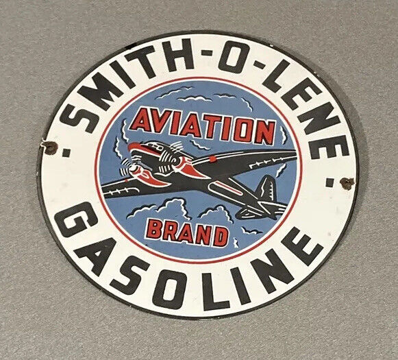 VINTAGE SMITH-O-LENE AVIATION 12” PORCELAIN SIGN CAR GAS OIL GASOLINE AUTO