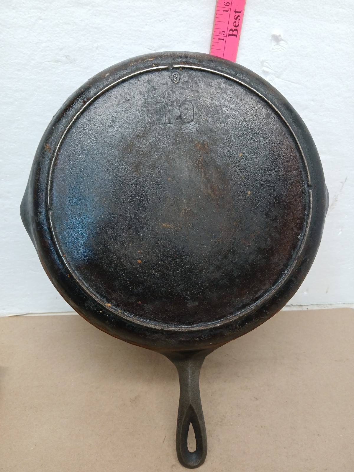 vintage Lodge No. 10 cast-iron skillet,  12 inches across