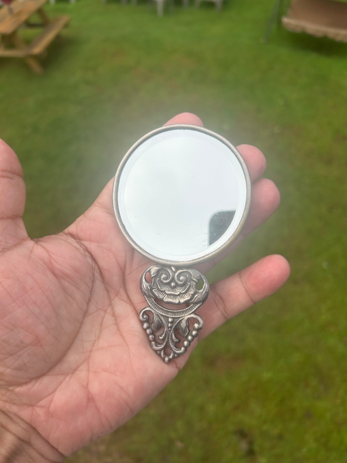Vintage St Croix Souvenir Hand Mirror - Ornate Rose Handle Map Engraved