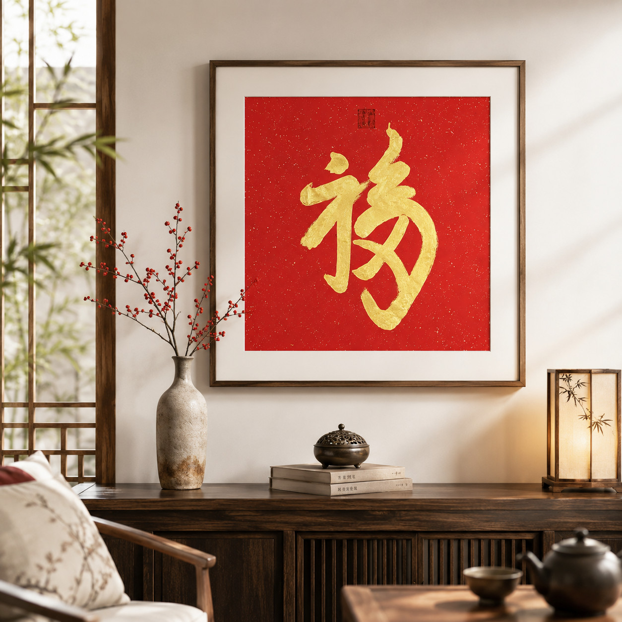 Original Chinese Calligraphy Fu Blessing Gold Wall Art Red Xuan Paper 26x26\