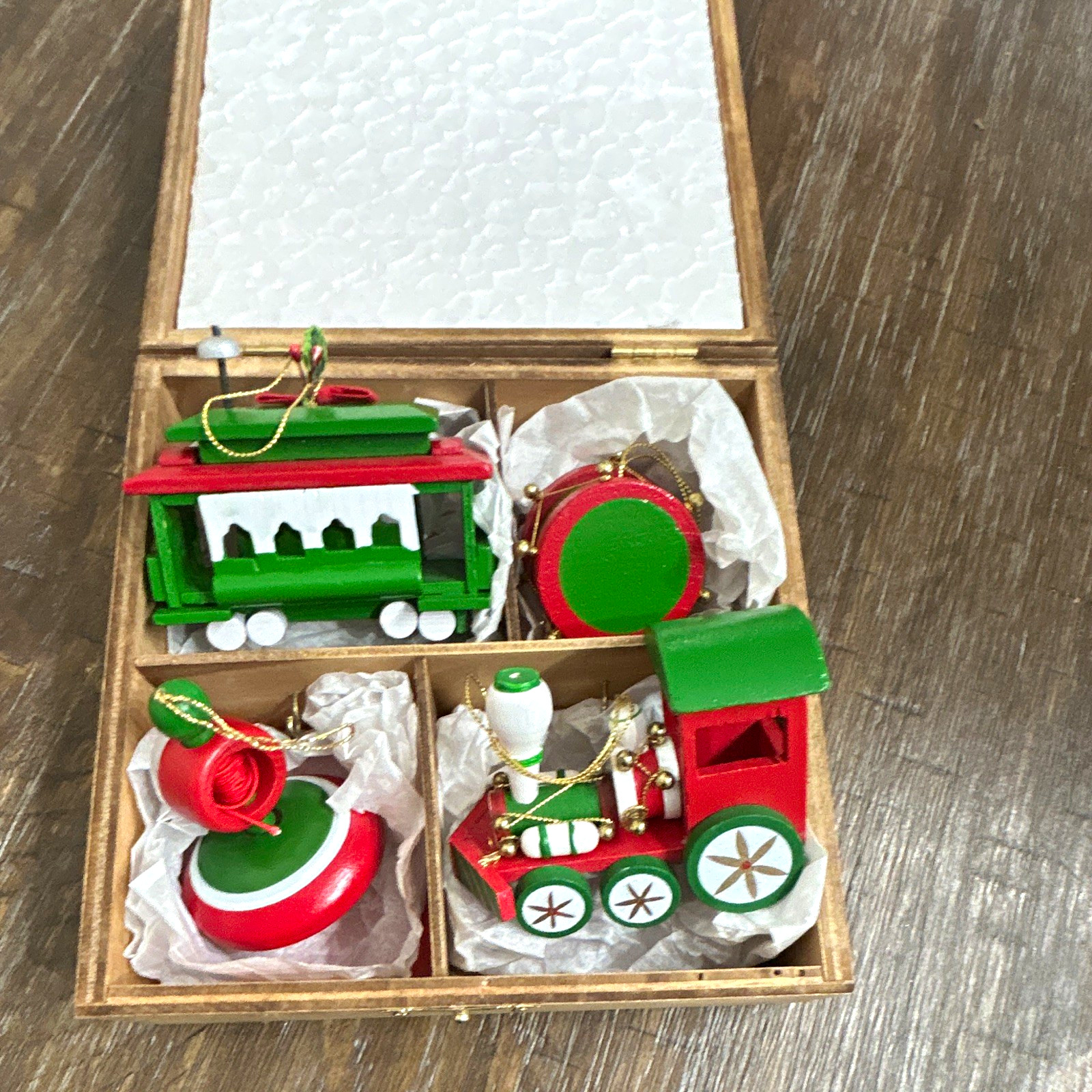 Vintage Made in Taiwan Wooden Christmas Ornament Set Train Drum Top Trolley Box