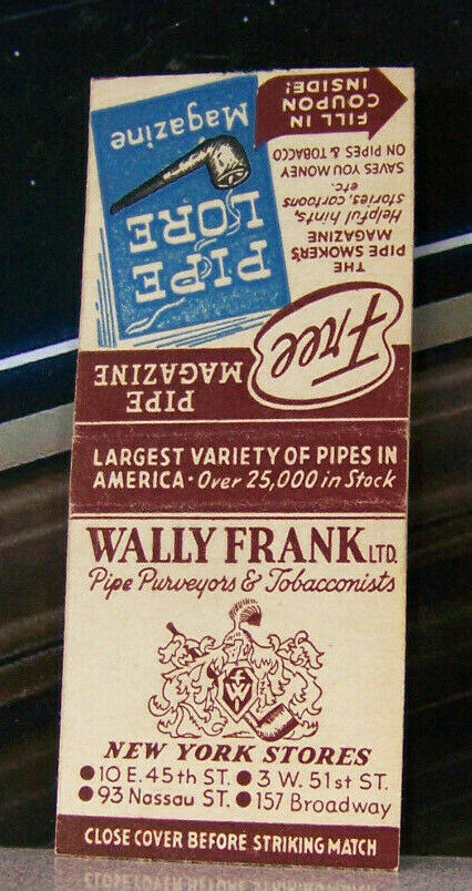 Vintage Matchbook Cover Z4 New York City Wally Frank Pipe Lore Tobacco Stores 
