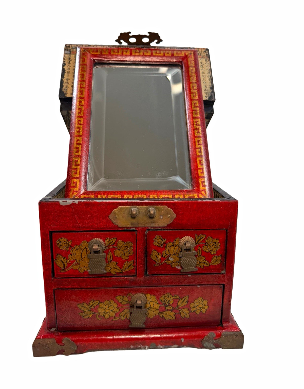Vintage Chinese Red Lacquer Dressing Box Folding Vanity Mirror Jewelry Chest Vintage Chinese Red Lacquer Dressing Box Folding Vanity Mirror Jewelry Chest