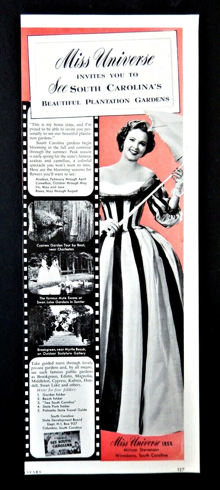 Miss Universe South Carolina ad Vtg 1954  travel advertisement Miriam Stevenson