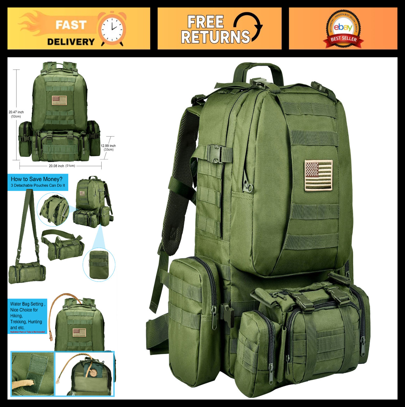 Large 60L Tactical Military Backpack, Assault Rucksack, Molle Detachable Bag, Ar Large 60L Tactical Military Backpack, Assault Rucksack, Molle Detachable Bag, Ar