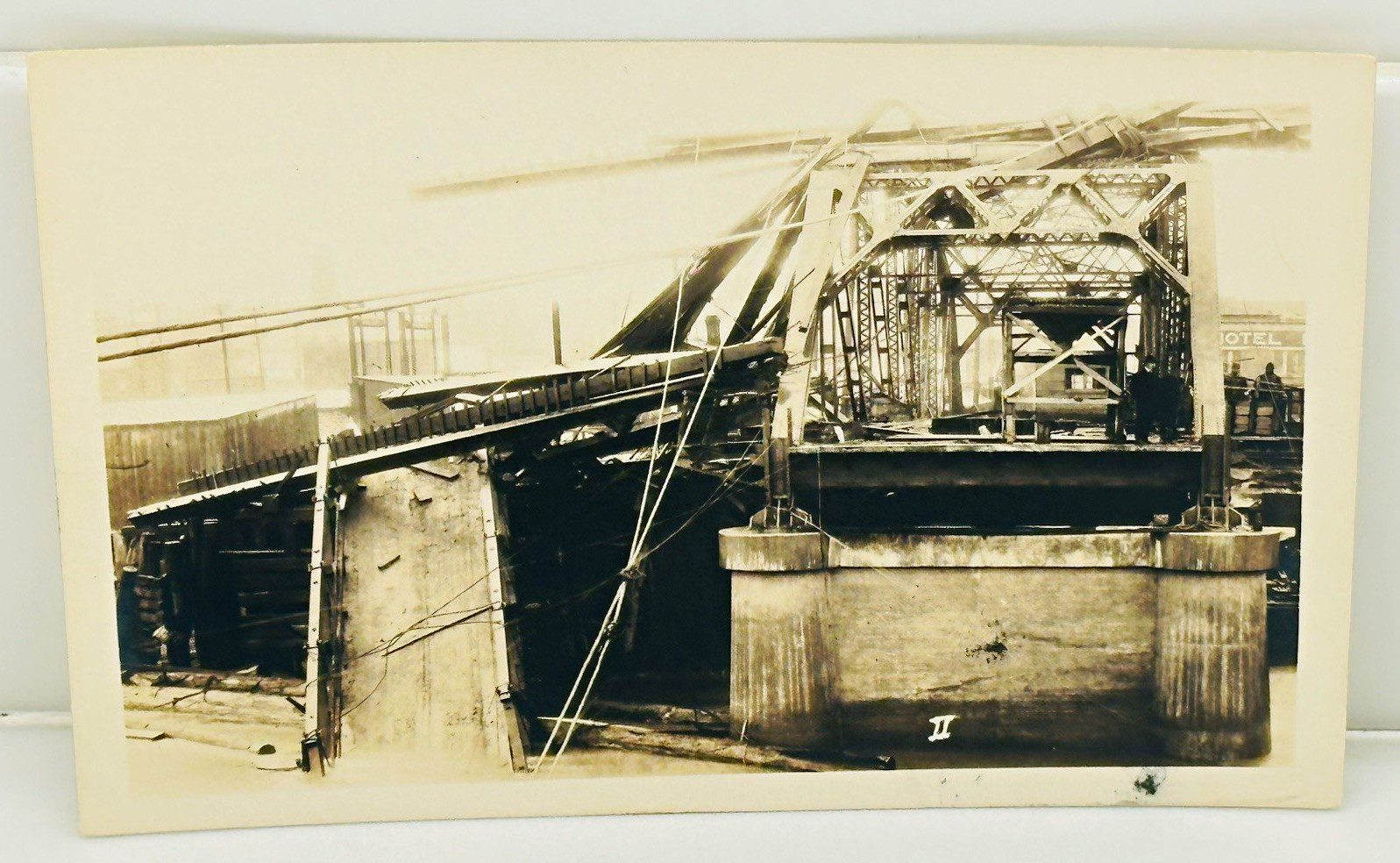Vintage AZO RPPC Collapsed Truss Bridge Wreck Disaster Scene Hotel Background