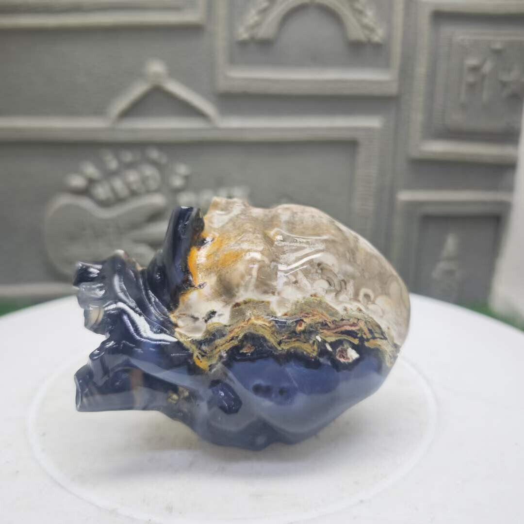 420g  Natural Volcanic Agate Quartz Hand Carved Heart Skull Crystal Reiki Decor