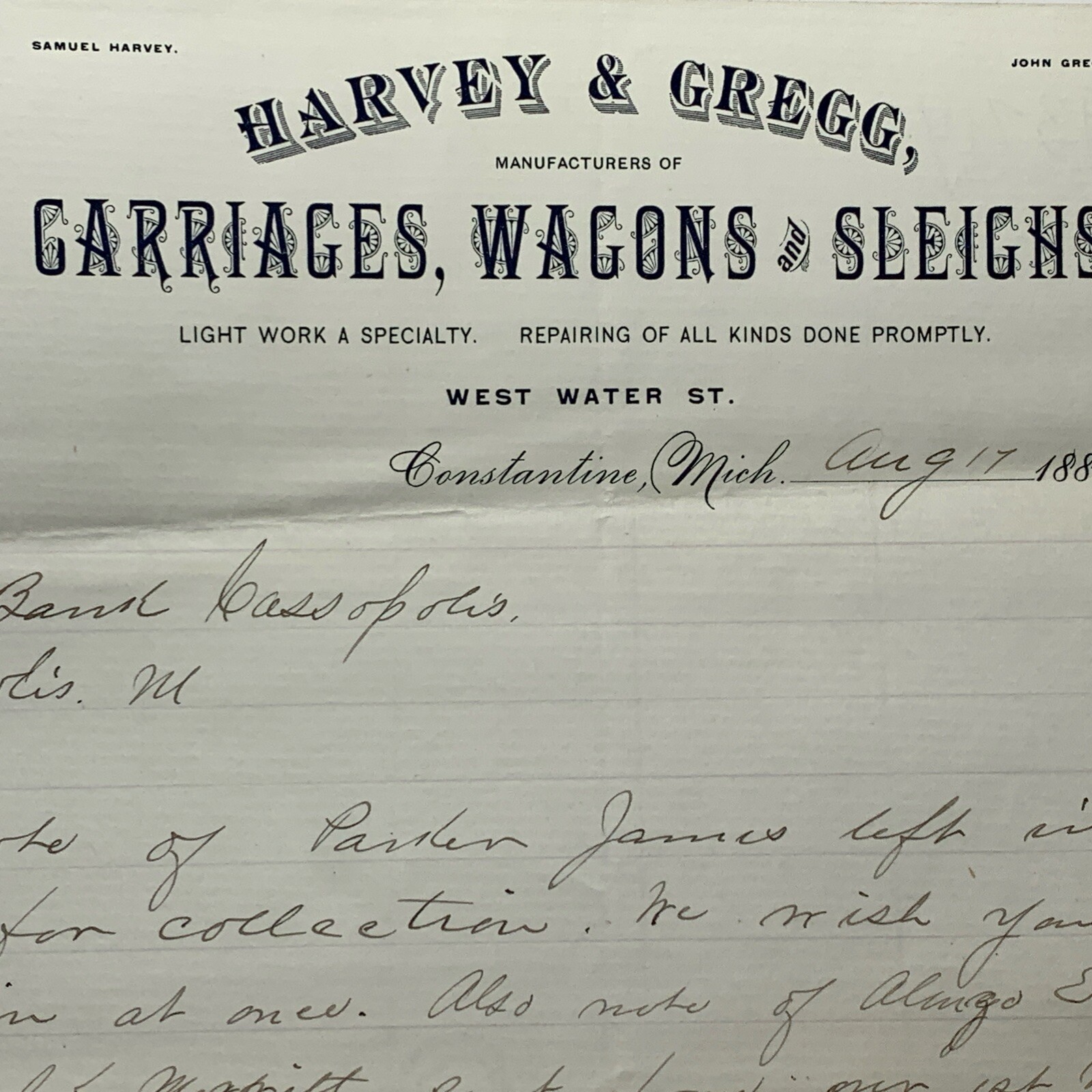 Harvey & Gregg Mfr Carriages Wagons Sleighs Letterhead Constantine Michigan 1886