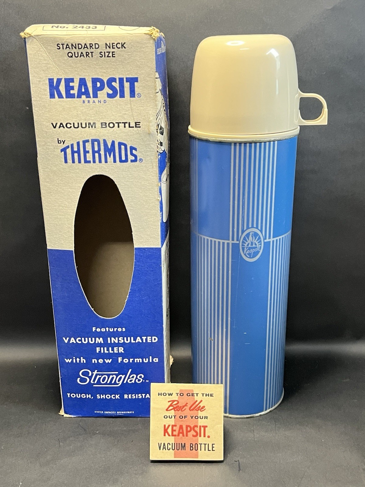 Vintage 1959 Keapsit Vacuum Thermos #2433 Blue Striped Quart MCM In Box