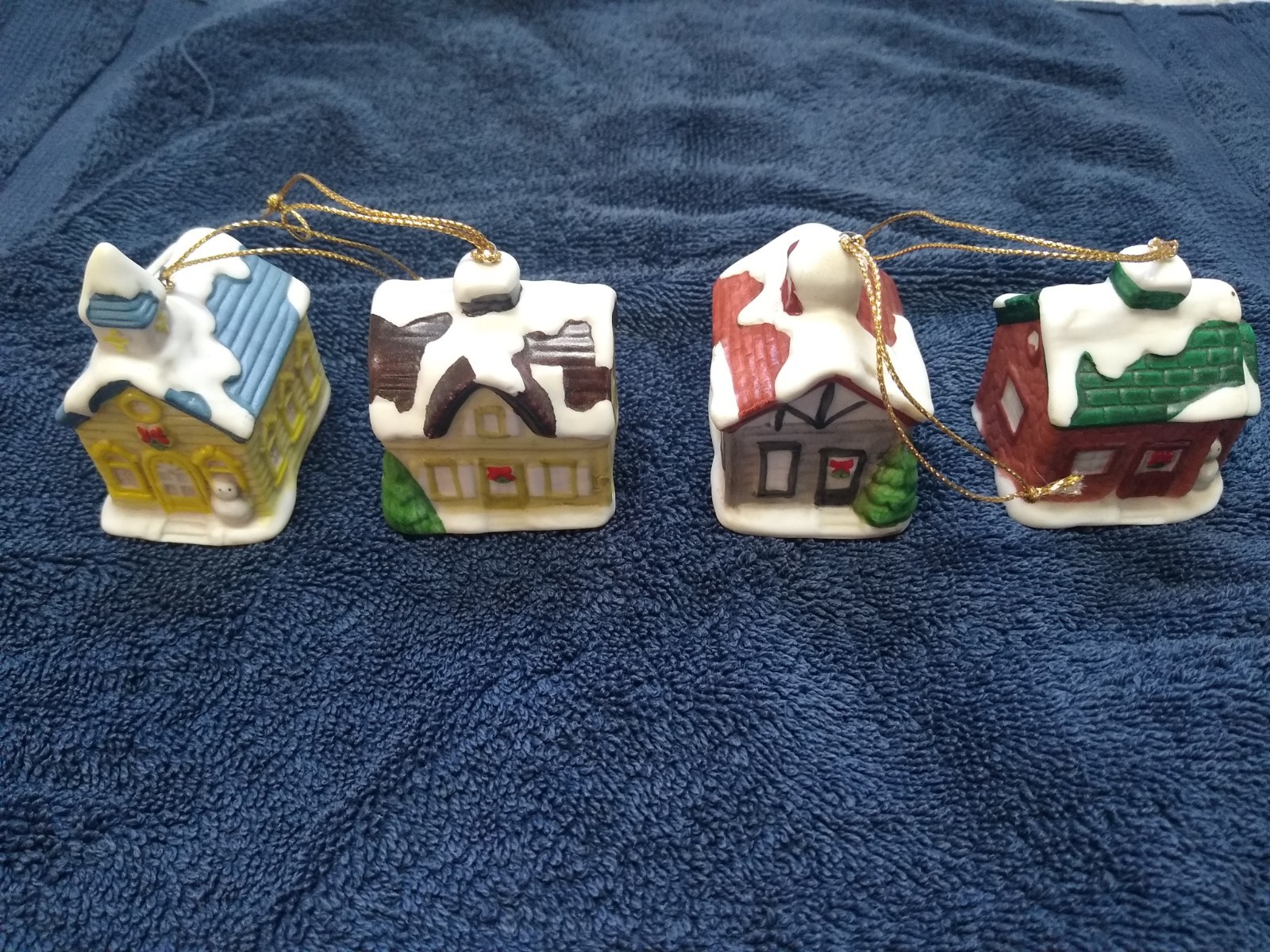 Vintage HOMCO Christmas Ornaments - Set of 4 - 3 Houses and 1 Church - Ceramic