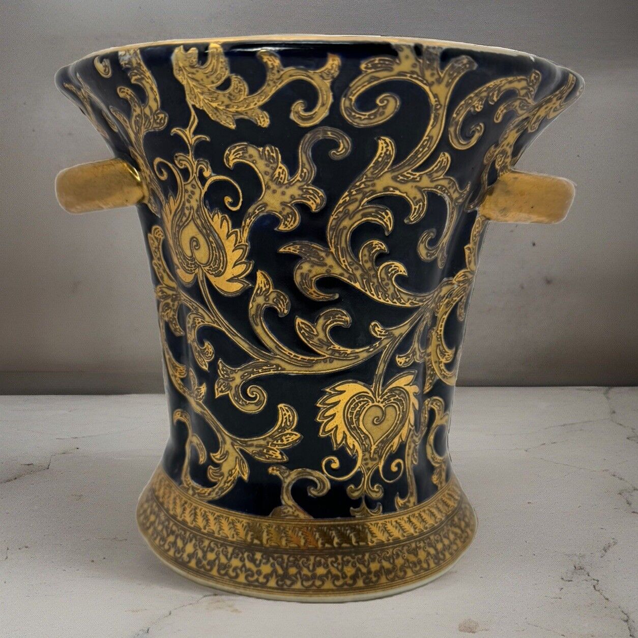 Chinese Vase with Handles Vintage Cobalt Blue & Gold Great Find Home Decor
