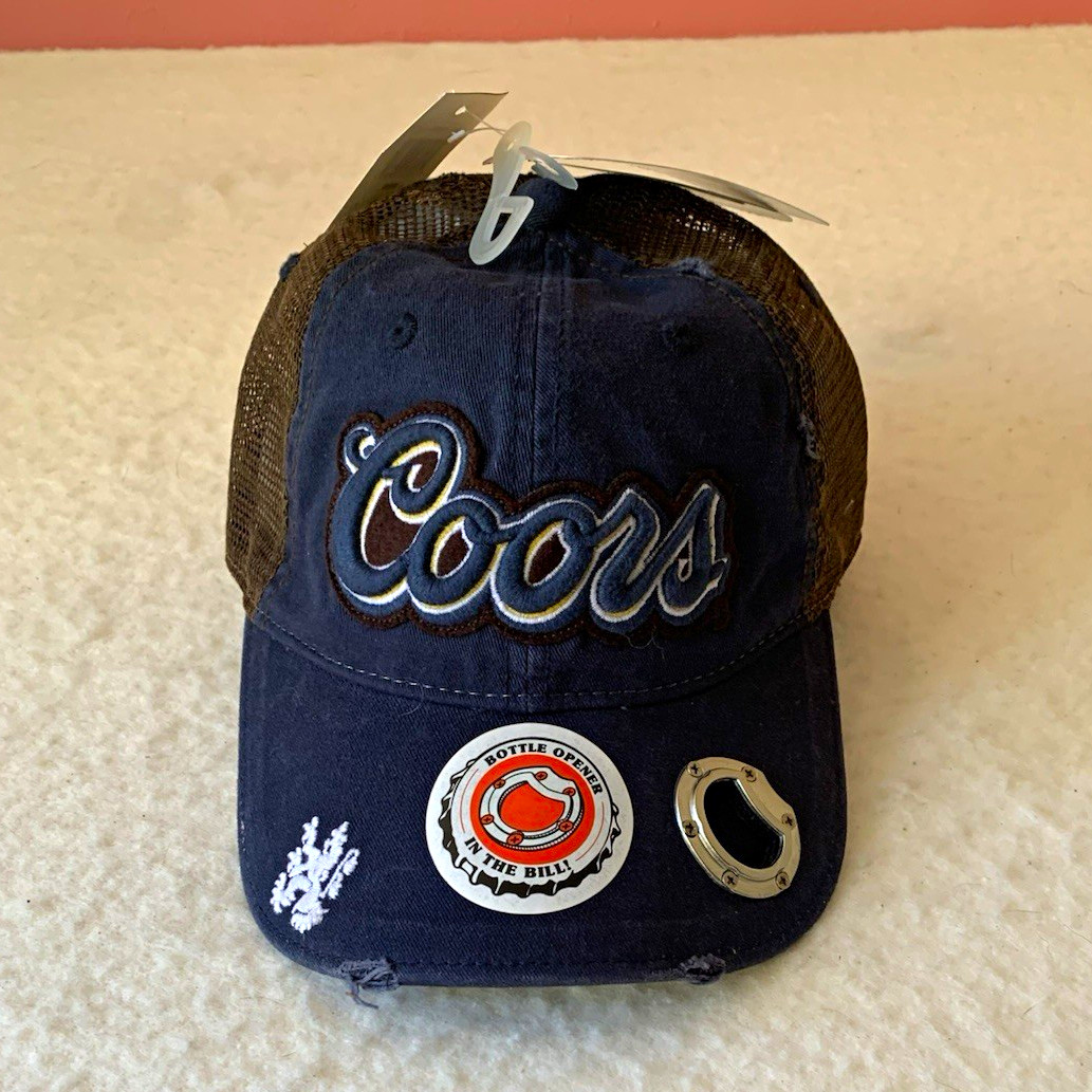 Vintage Coors Licensed Trucker Hat Cap Blue/Brown Mesh Bottle Opener Bill NWT