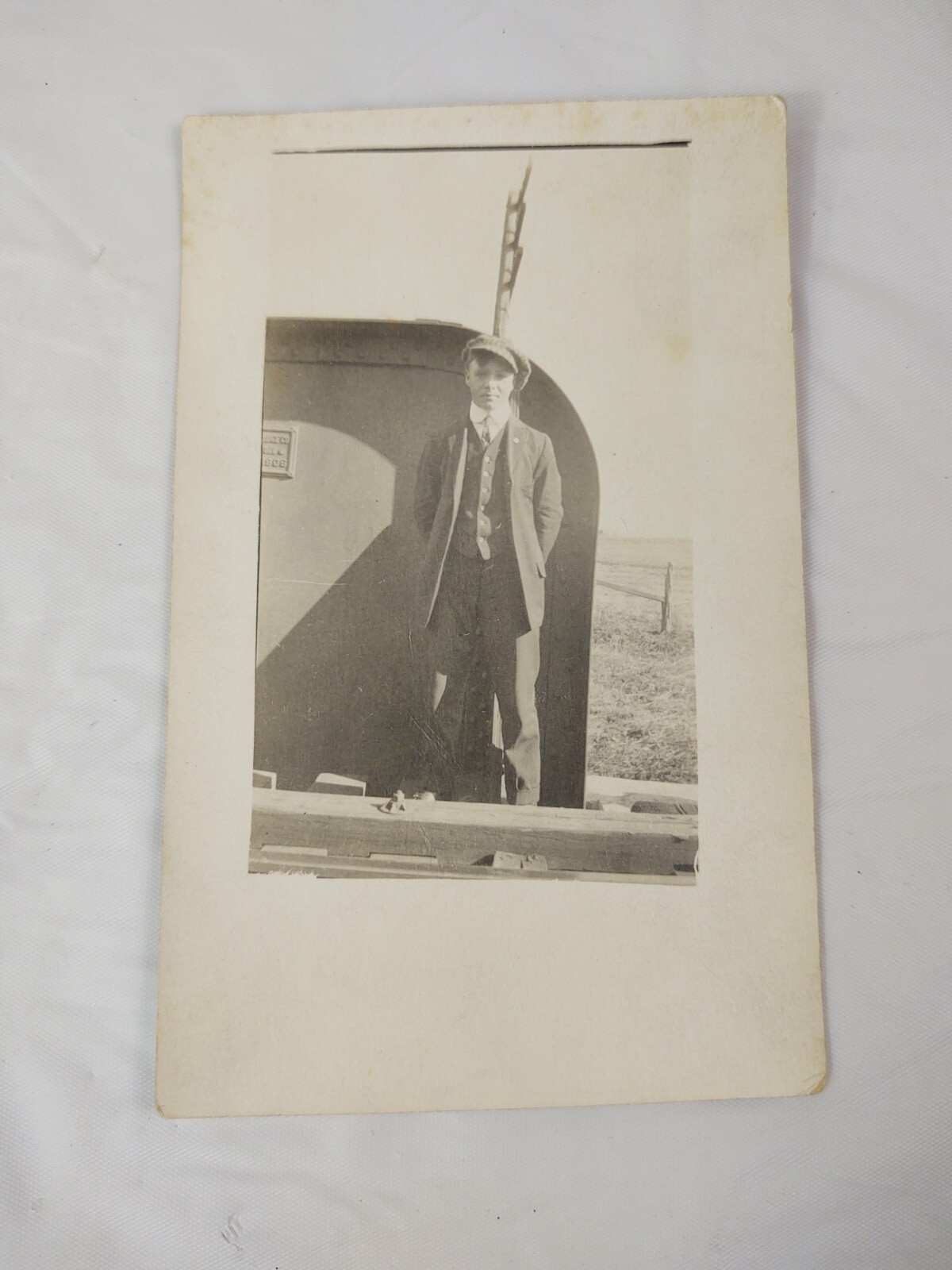 Antique 1908 Real Black & White Photo Postcard Railroad Stop Young Man Traveling