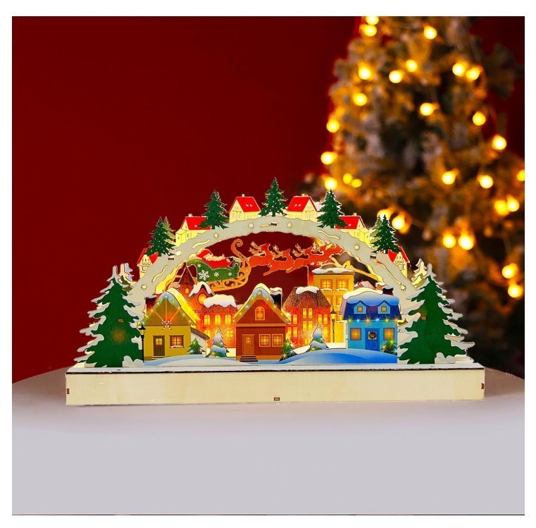 3D Santa Claus German Style Schwibbogen Christmas Village Arch LED Wood Decor