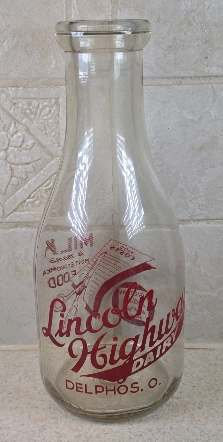 Vintage Lincoln Highway Dairy Delphos Ohio One Quart Bottle Red Pyro 
