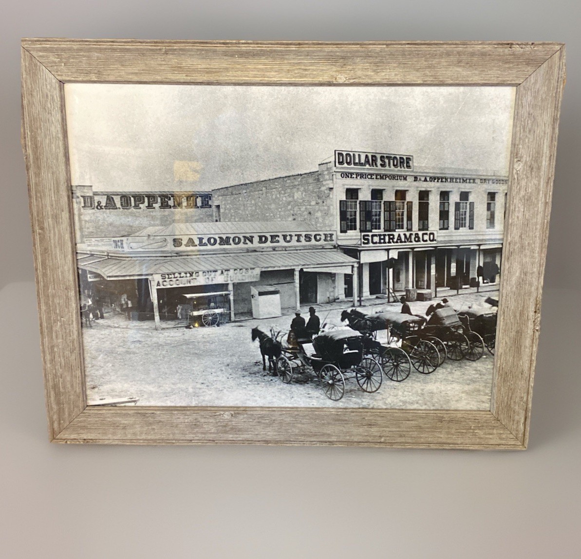 Framed Vintage B&W Photograph Of Historic Downtown Scene Horse Carriages $ Store