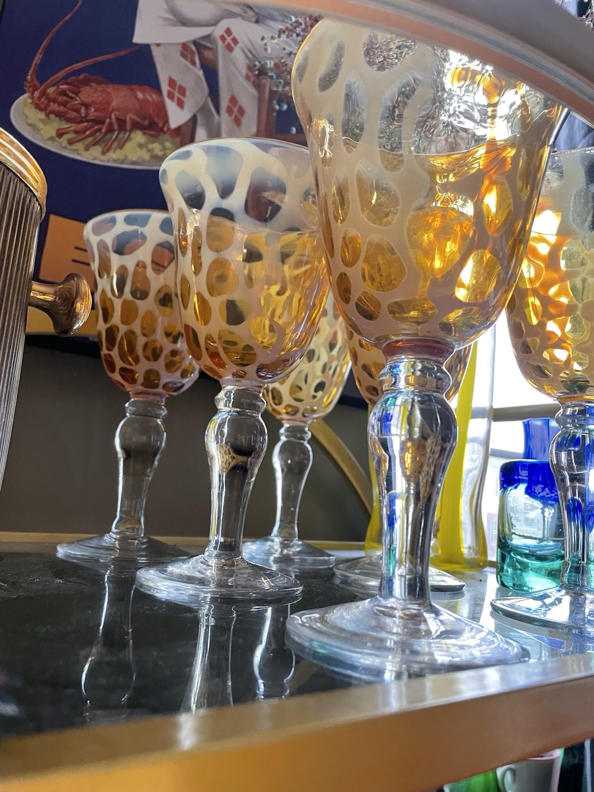 Handblown Art Glass Wine 8” Goblets Set of 2 Leopard Giraffe Print Amber White