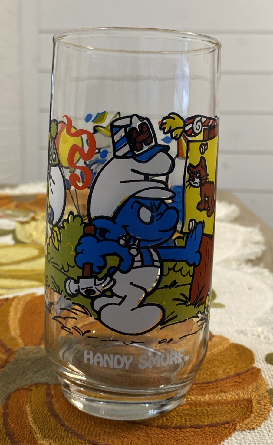 Vintage Peyo, 1983, Wallace Berrie & Co., SMURF Drinking Glass, HANDY